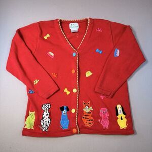 Vtg Quacker Factory Womens Large Red Colorful Dogs Cardigan Sweater Buttons